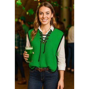 Vintage British Vogue 100% Virgin Wool Green Poncho Lace-Up Front Side Ties